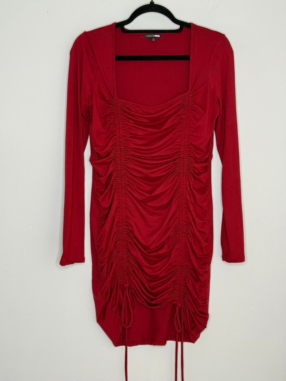 Fashion Nova Red Long Sleeve Square Neck Ruched Front Bodycon Mini Dress M